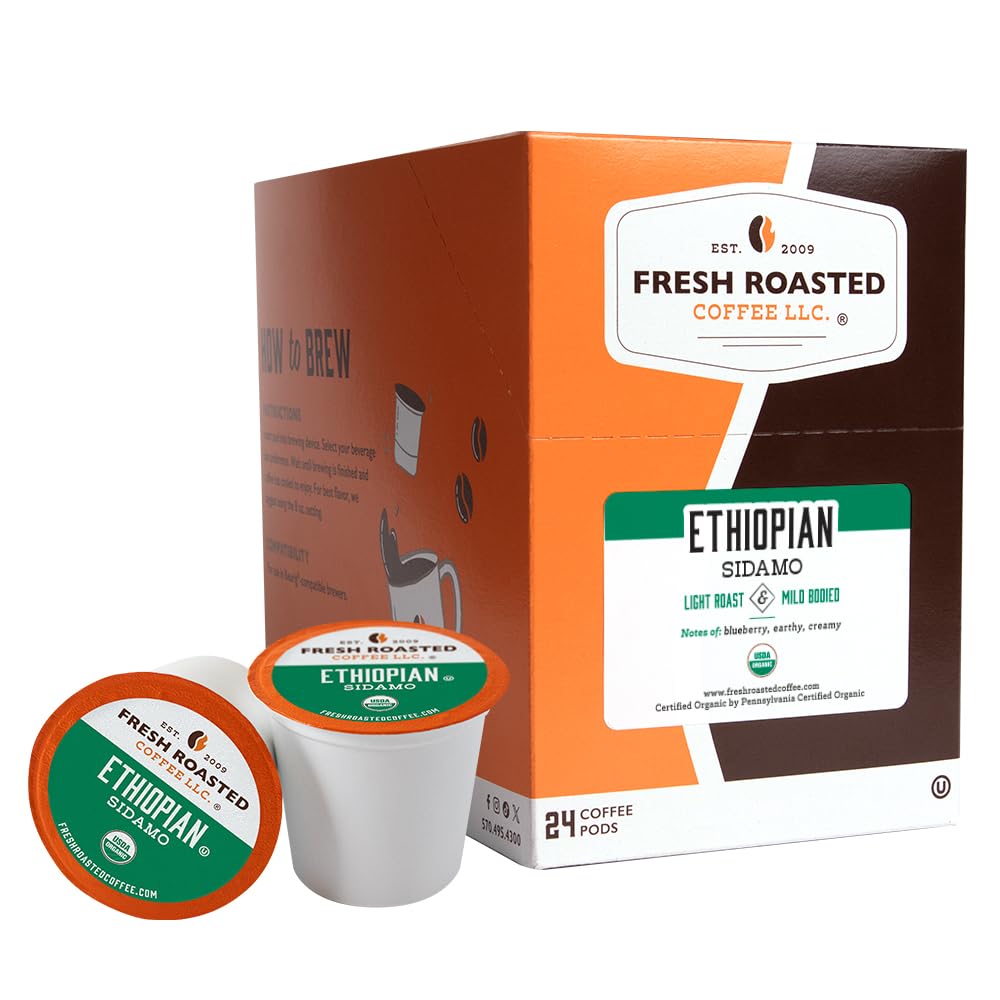 Fresh Roasted Coffee Organic Ethiopian Sidamo K-Cup Compatible 24 Pods Fair Trade Kosher Coffee