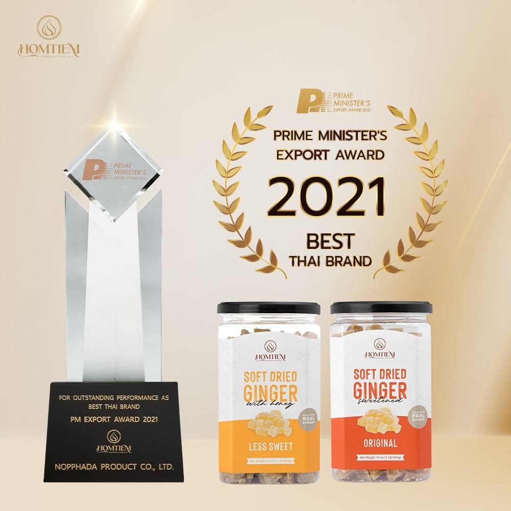 HOMTIEM Dried Crystallized Ginger, Less Sweet, Pack of 6, All-Natural, Preservative-Free, 16 Ounce Each