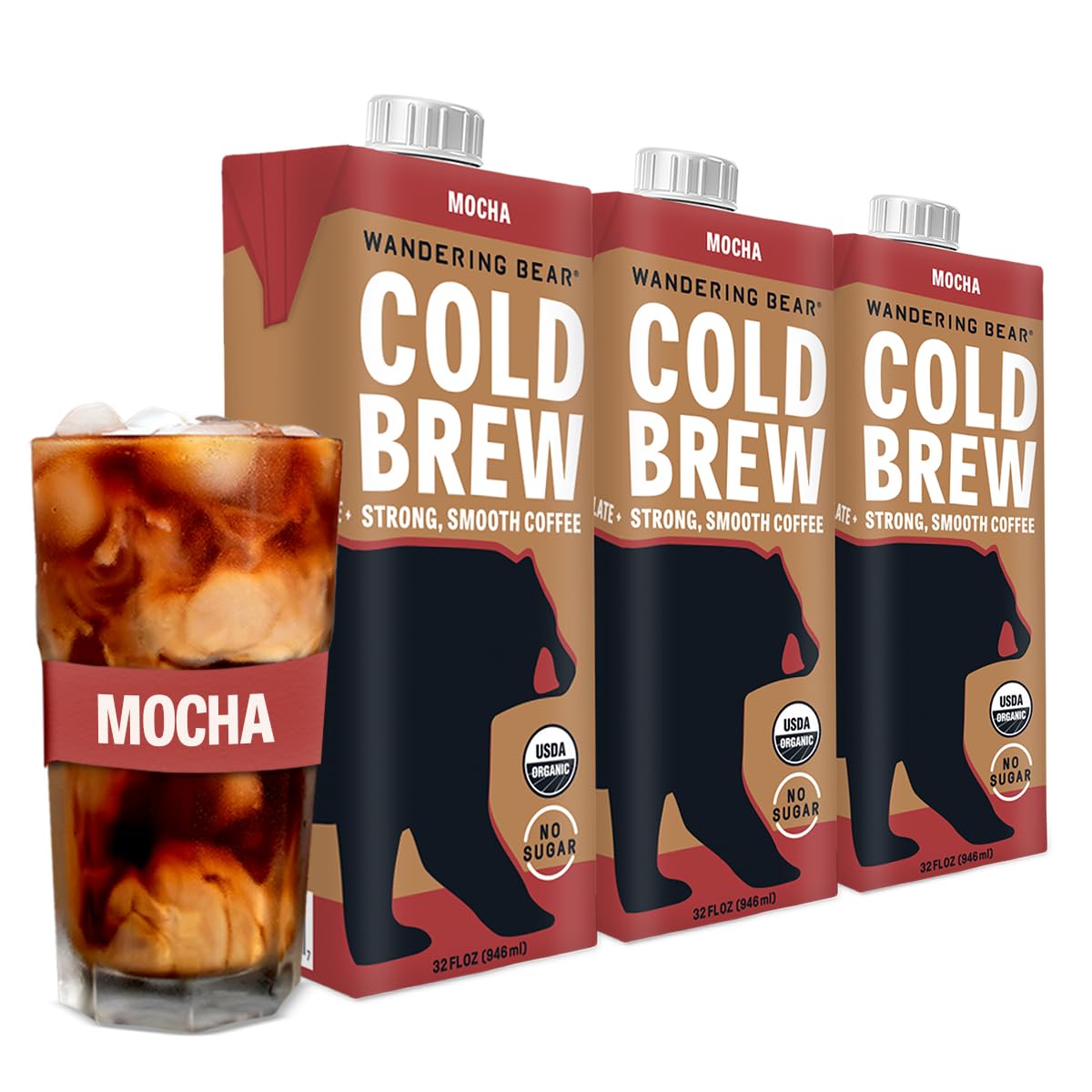 Wandering Bear Organic Mocha Cold Brew Coffee, 32 fl oz, 3 pack - Extra Strong, Bold, Smooth, Unsweetened, Shelf-Stable, Ready t