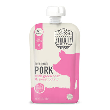 Serenity Kids 6+ Month Baby Food Pouches - Free Range Pork with Organic Green Bean & Sweet Potato Puree - BPA-Free Food Pouches 