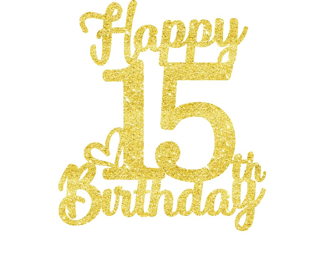 15Th Birthday Cake Topper - Double Sided Gold Glitter, Happy 15Th Birthday Cake Topper For Girls,15 Cake Decorations For Girls,