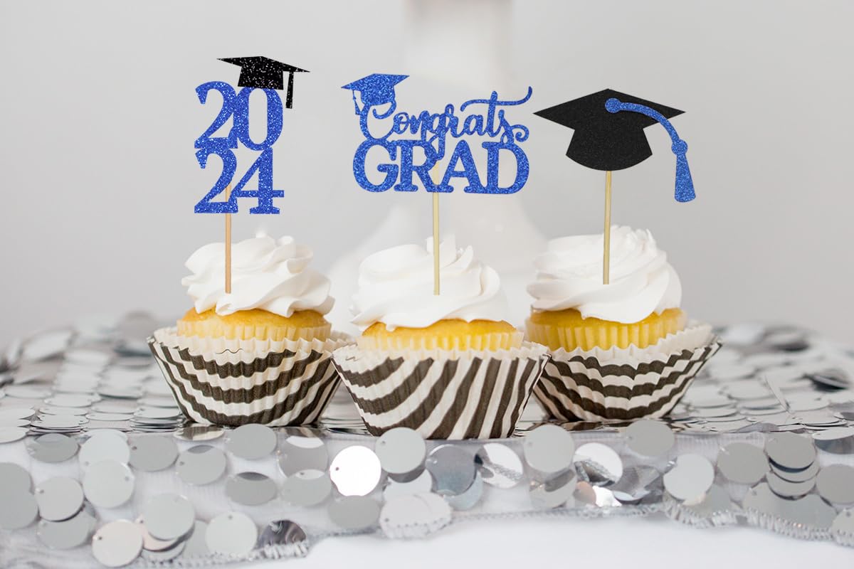 Graduation Cupcake Toppers 2024 Blue, Glitter Class Of 2024 Cupcake Toppers Supplies, Class Of 2024 Congrats Grad Cap Diploma Cu