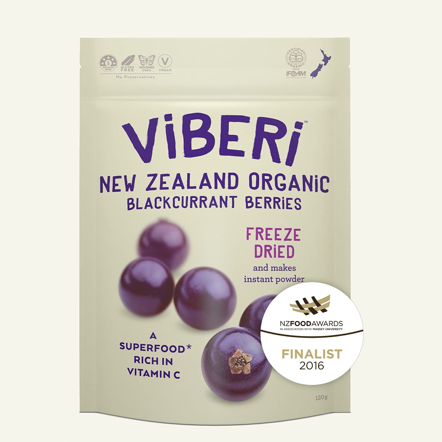 ViBERi Freeze-Dried Organic Blackcurrants 120 g | 100% NZ-Grown Superfruit Berries, Natural Vitamin C & Anthocyanins, Vegan  Non