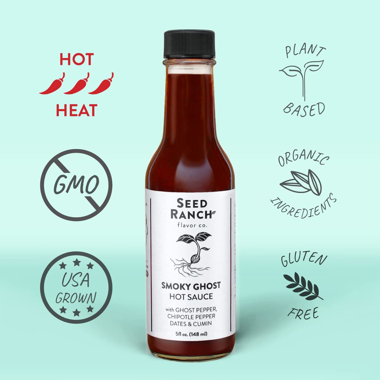 Seed Ranch Smoky Ghost Hot Sauce, 5 Oz. - Hot Spice - Ghost Pepper, Organic Gourmet Hot Sauce with Chipotle & Sweet & Spicy Date