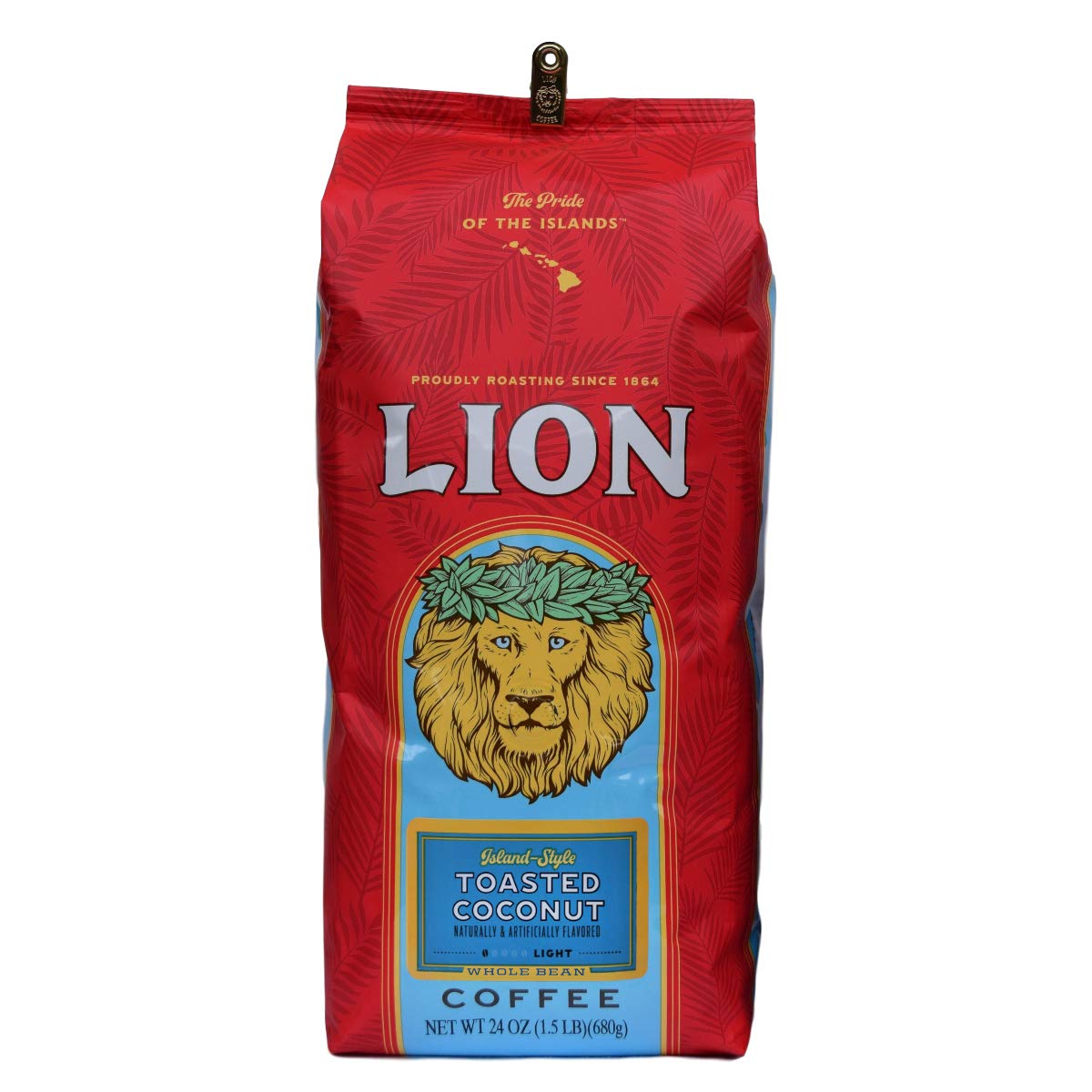 Lion Coffee Toasted Coconut Flavored Light Roast Whole Bean Coffee, 24 Ounce Bag