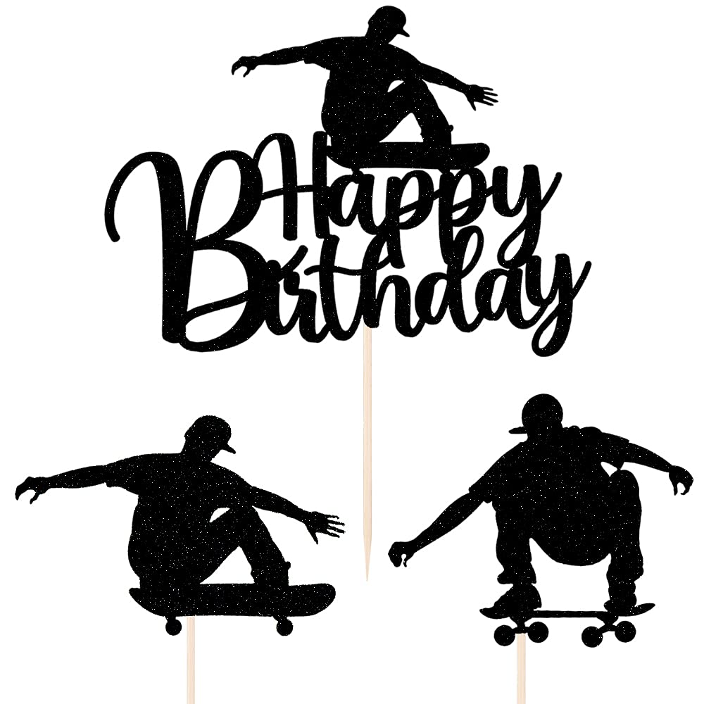 Lveud 7Pcs Skateboard Happy Birthday Cake Topper,Black Glitter Happy Birthday Skateboard Cake Topper For Skateboard Birthday Par