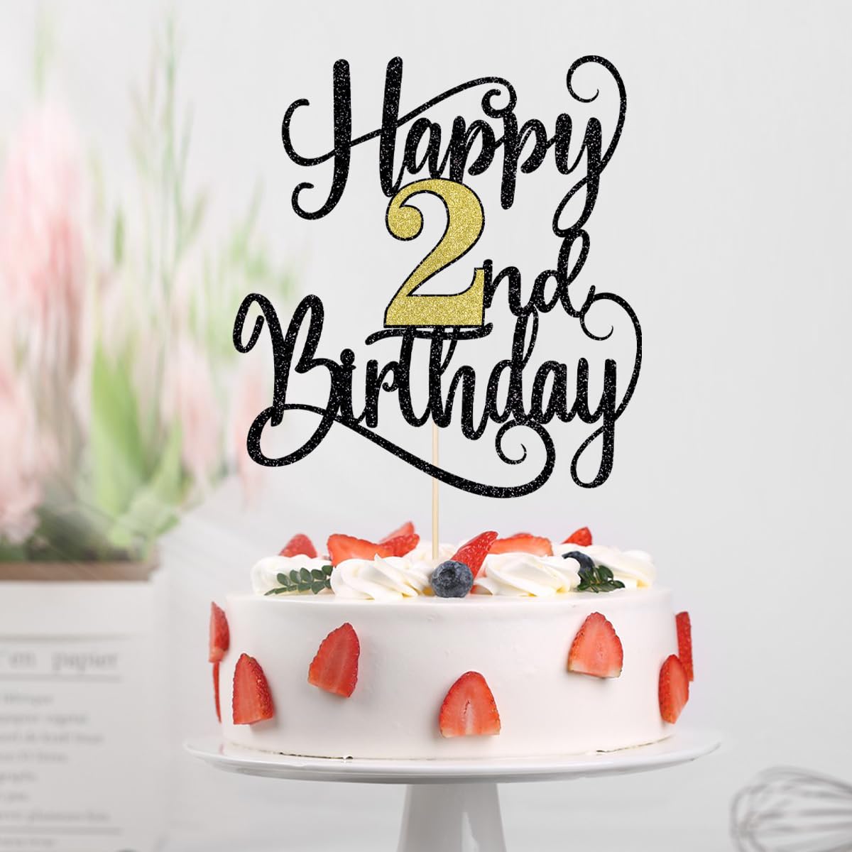 Happy 2Th Birthday Cake Topper, 2 Birthday Party Cake Decorations (Black And Gold Flashes, 2Nd)