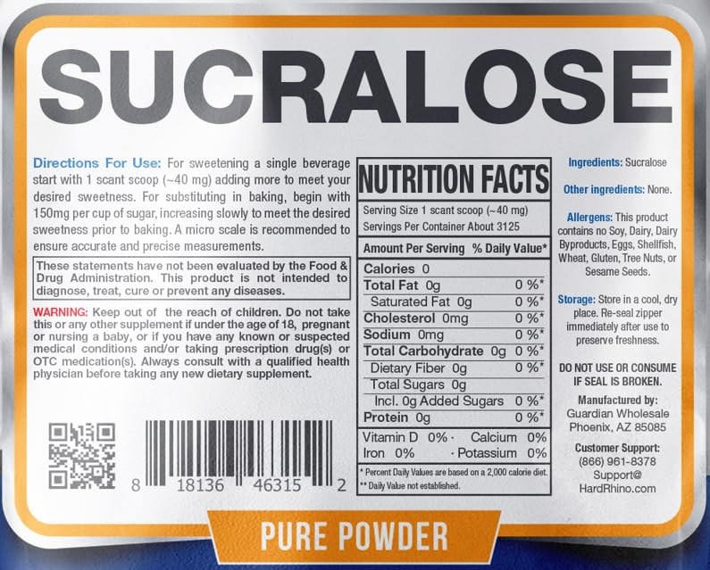 Hard Rhino Sucralose Powder Zero Calorie Sweetener 250 Grams Keto Sugar Substitute