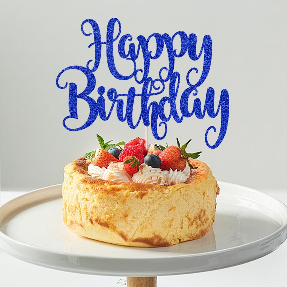 Fmiyuneea Happy Birthday Cake Topper- Glitter Happy Birthday Cake Decor, Handmade Anniversary/Birthday Party Supplies (Deep Blue