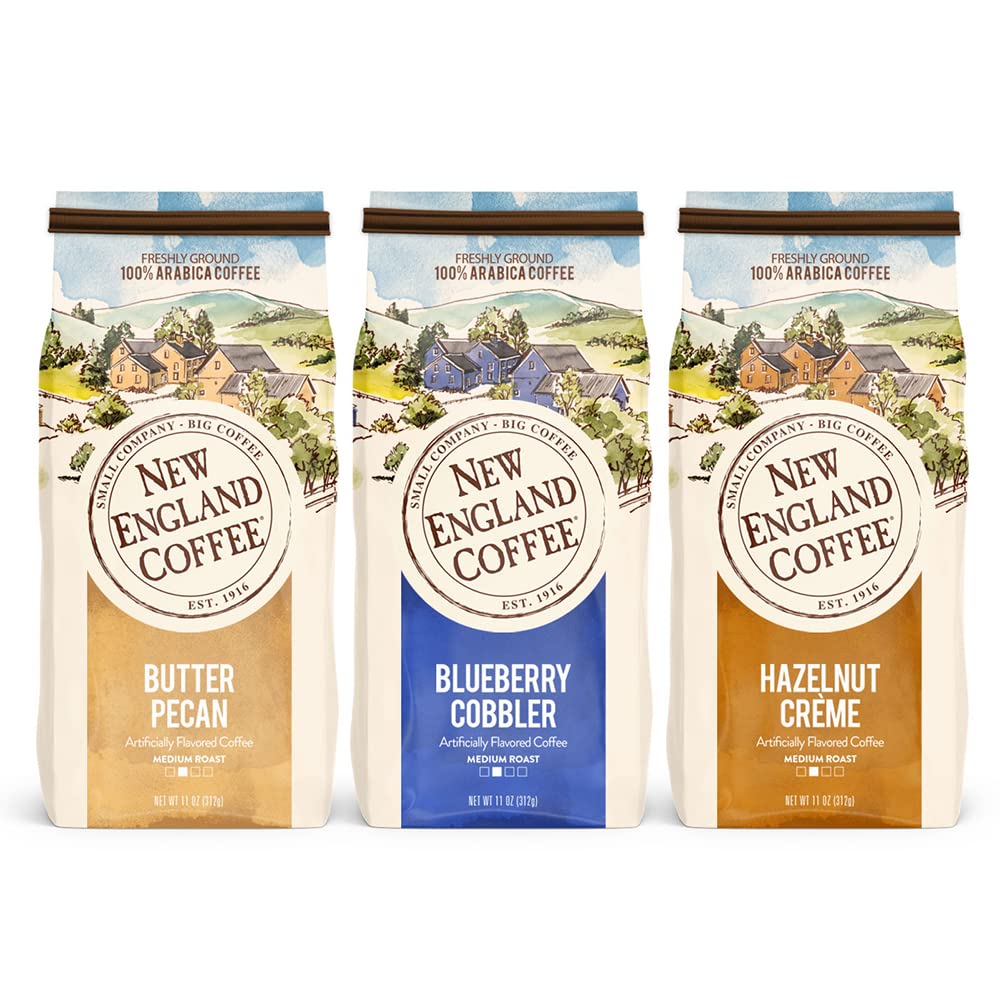 New England Coffee Variety Pack - Butter Pecan/Blueberry Cobbler/Hazelnut Crme, 11oz Bag (Pack of 3)