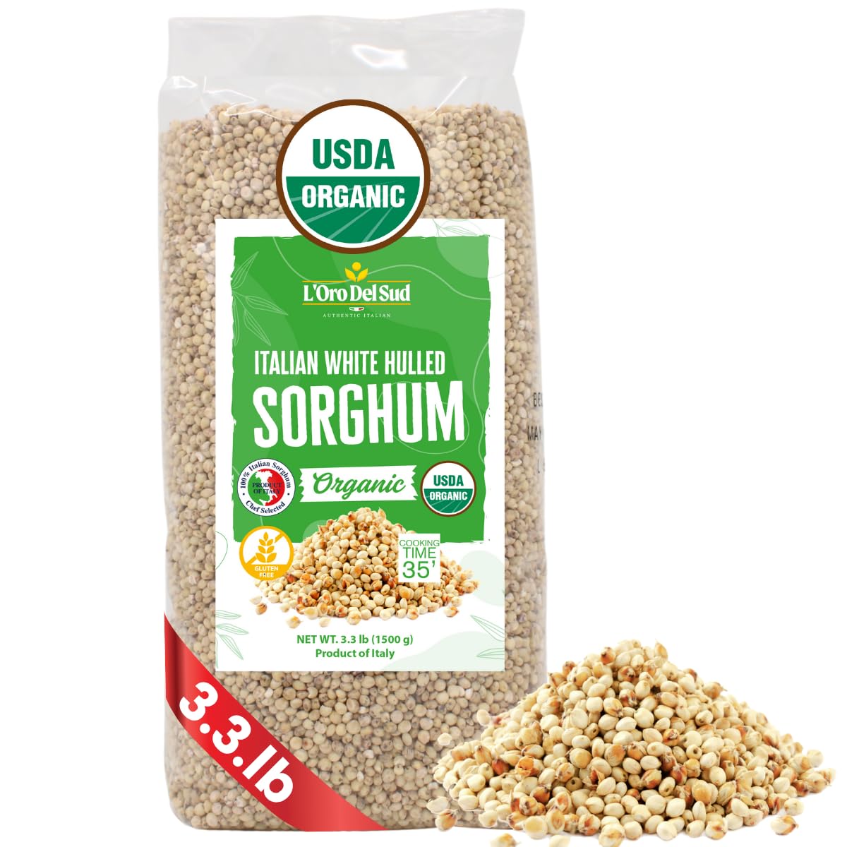 LOro Del Sud Organic Italian White Hulled Sorghum, Gluten-Free Ancient Cereal, 52.9 oz (1.5 kg), High Fiber Superfood