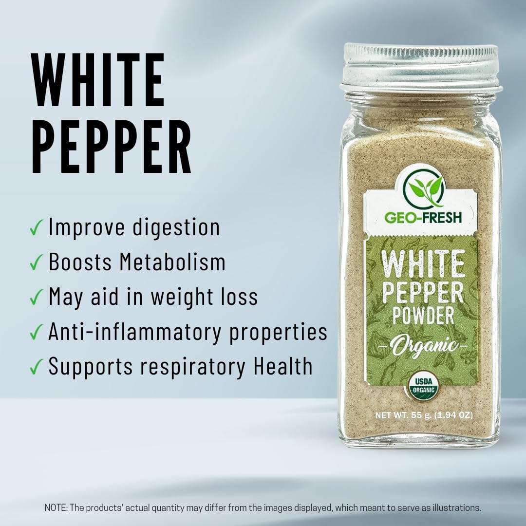 Geo-Fresh Organic White Pepper Powder, 1.94 Oz (55G) | White Peppercorn Powder | Spices & Seasoning | 100% Organic, Gluten Free,