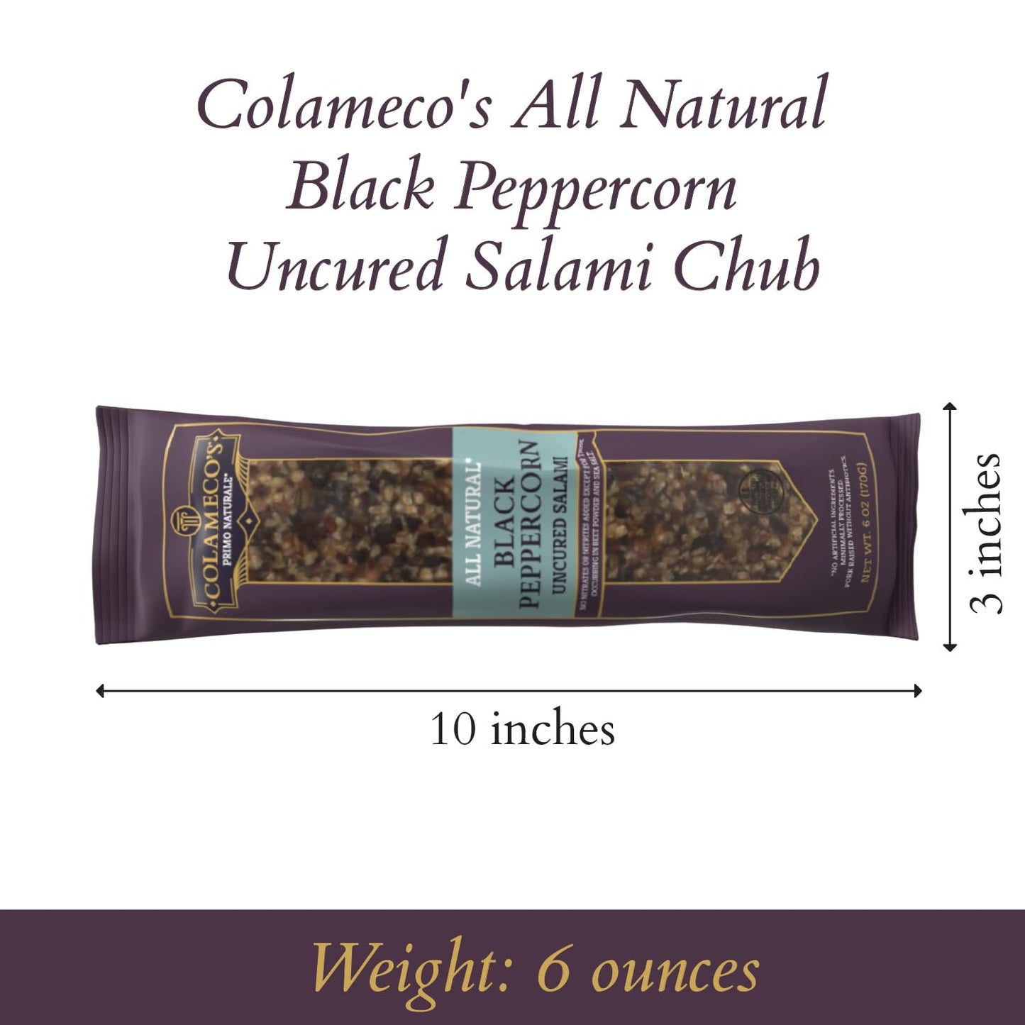 Colameco'S All Natural Uncured Black Peppercorn Salami Chub - Zesty Peppercorn & Savory Italian Flavor - Humanely Raised - Glute