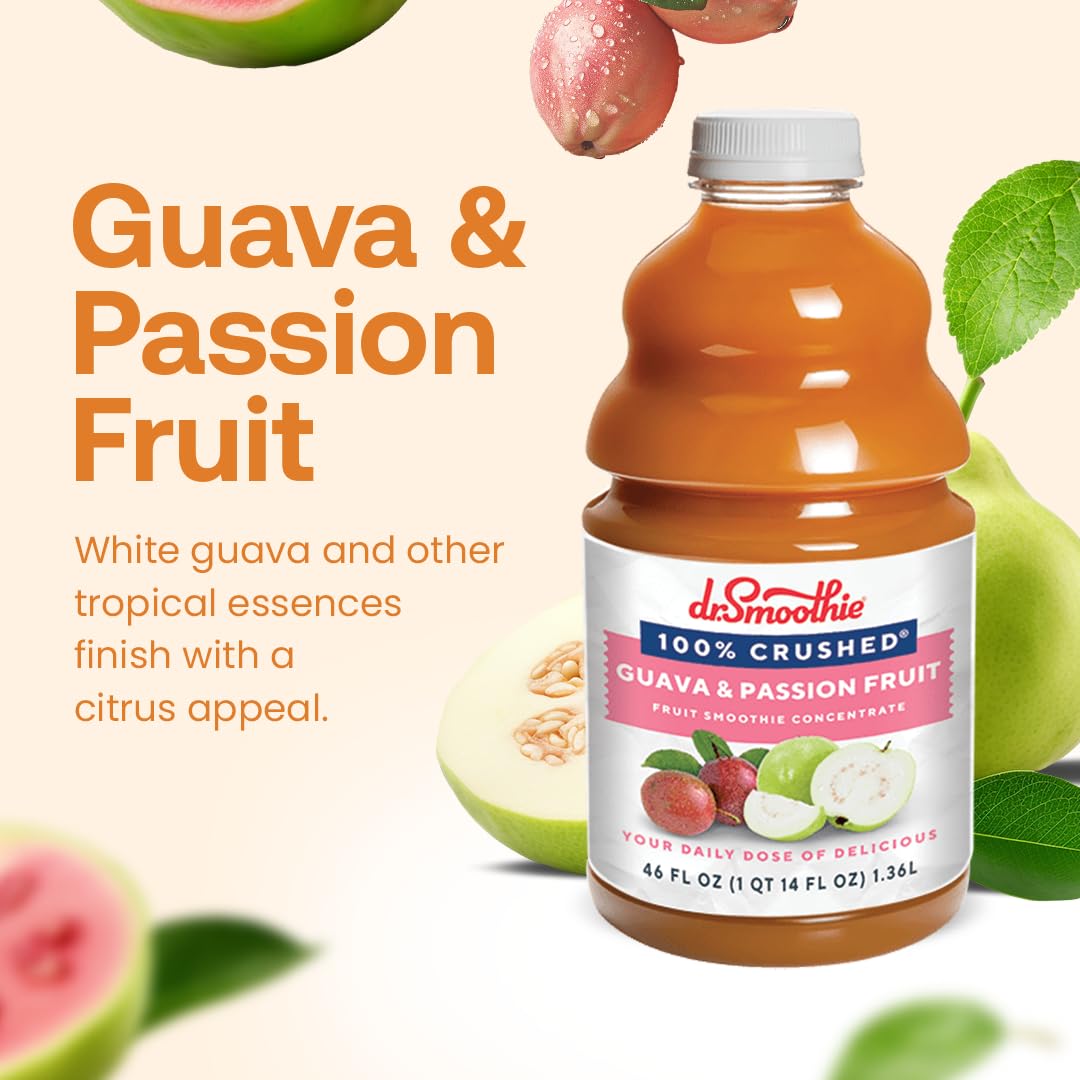Dr. Smoothie 100% Crushed Guava & Passion Fruit - No Added Sugar, Made With Real Fruits/Fruit Juice - Vegan, No Artificial Color