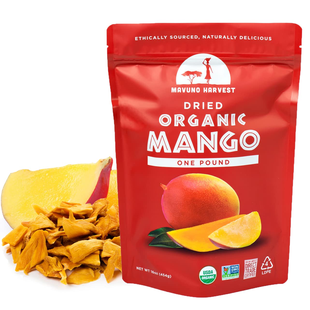 Mavuno Harvest Mango Dried Fruit Snacks | Unsweetened Organic Dried Mango Slices | Gluten Free Healthy Snacks For Kids And Mature-Themeds | Vegan, Non Gmo, Direct Trade | 1 Pound Resealable Bag