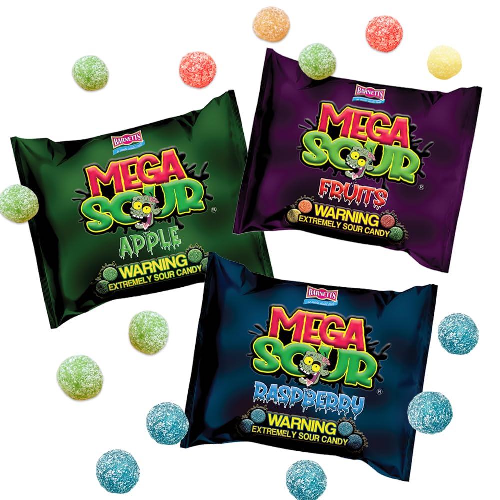 3 Pack Bundle Barnett Sweets Mega Sour Candy - Raspberry | Fruits | Apple - Trendy Sweet Bags - Traditionally Handmade Sweets - 
