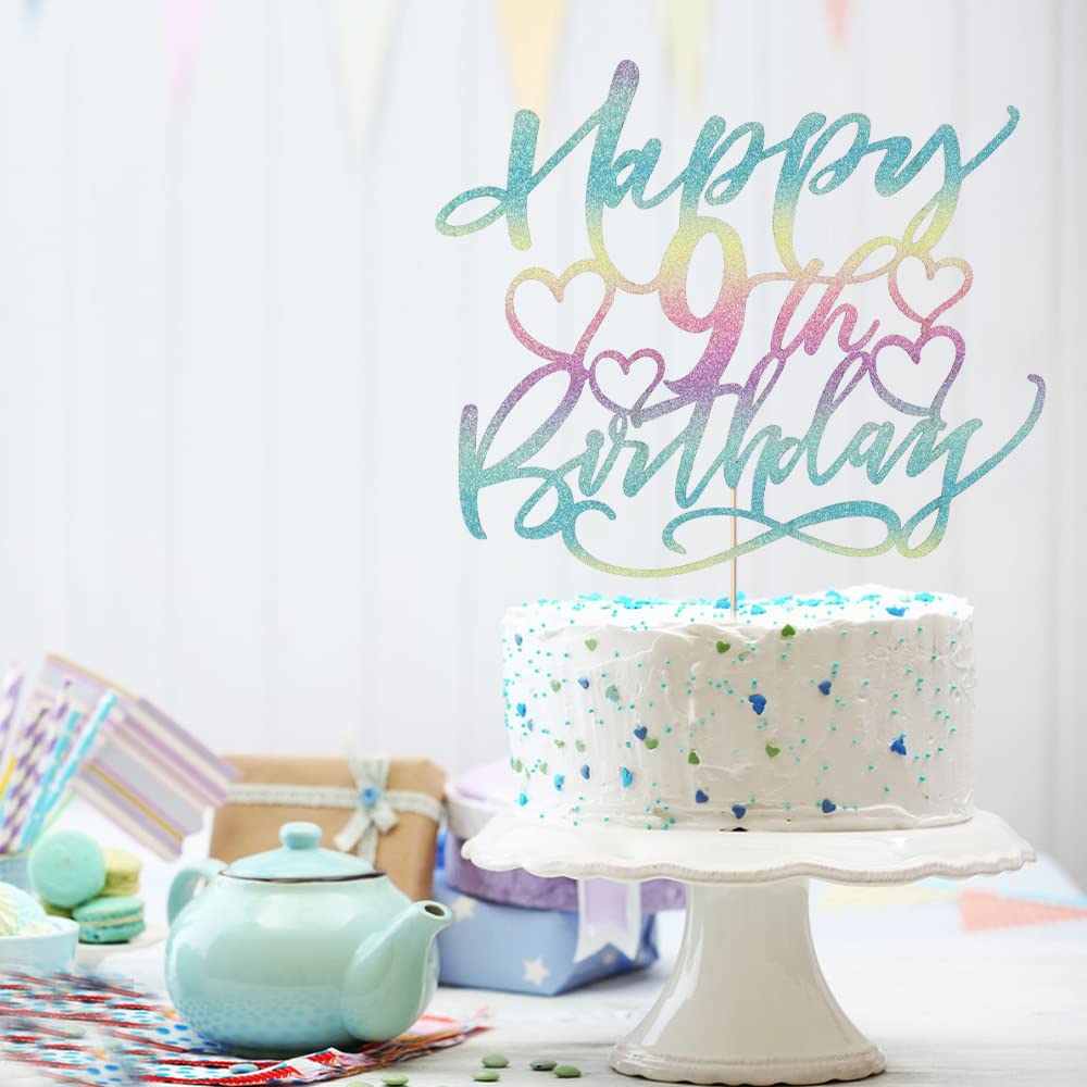 Yetxel Cake Topper for Kids - Happy 9th Birthday, Color Flash, Paper Material
