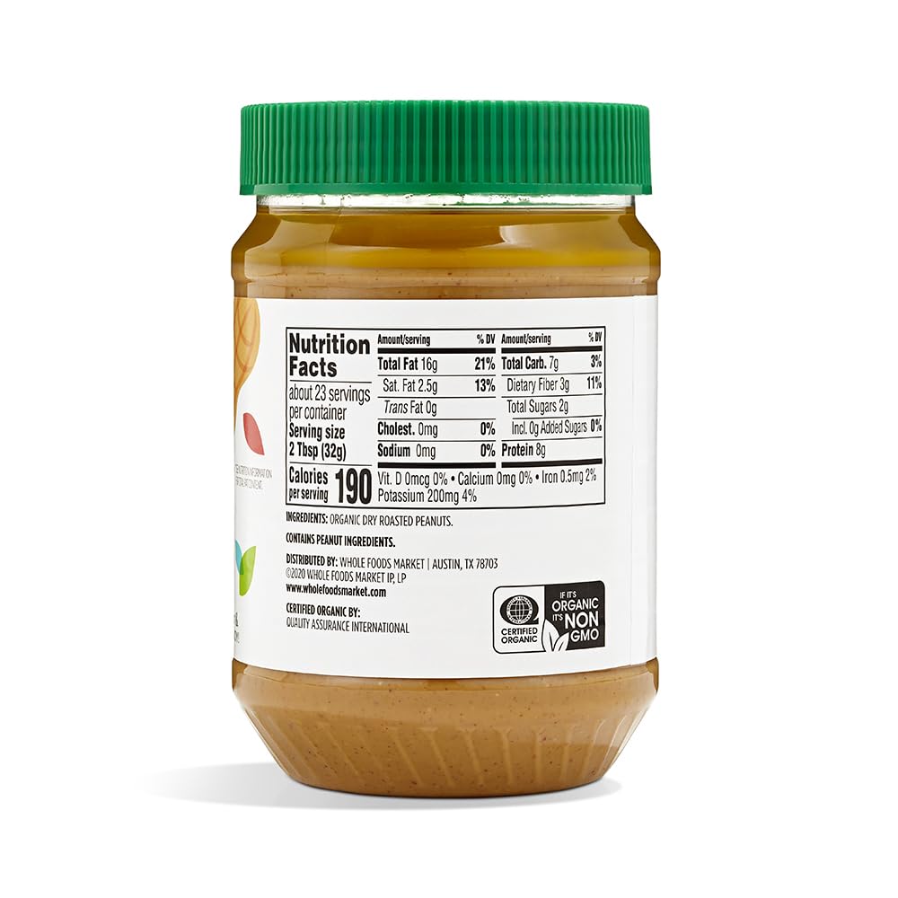 365 by Whole Foods Market, Organic Creamy Peanut Butter, Unsweetened & Unsalted, Stir and Enjoy, 26 Ounce