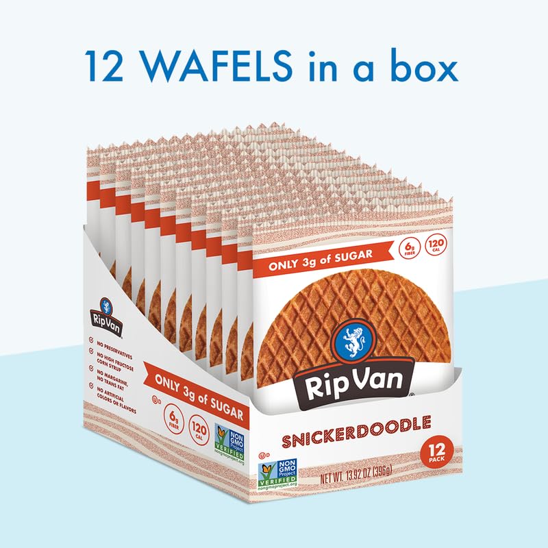 Rip Van Wafels Snickerdoodle Stroopwafels, Healthy Snacks, Non-Gmo, Keto Friendly, Office Snacks, Low Sugar (3G), Low Calorie, 12 Pack