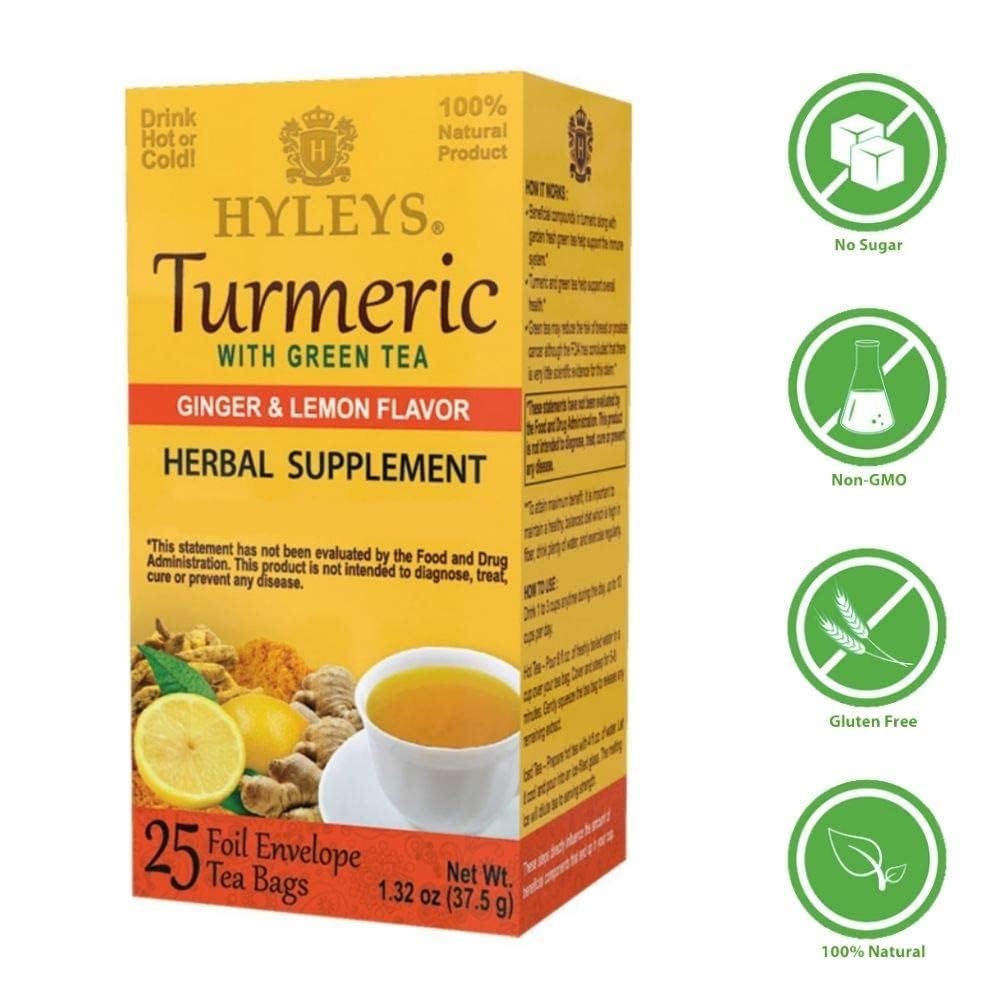 HYLEYS Turmeric Green Tea with Ginger & Lemon - Natural Antioxidant Blend - 25 Count Tea Bags