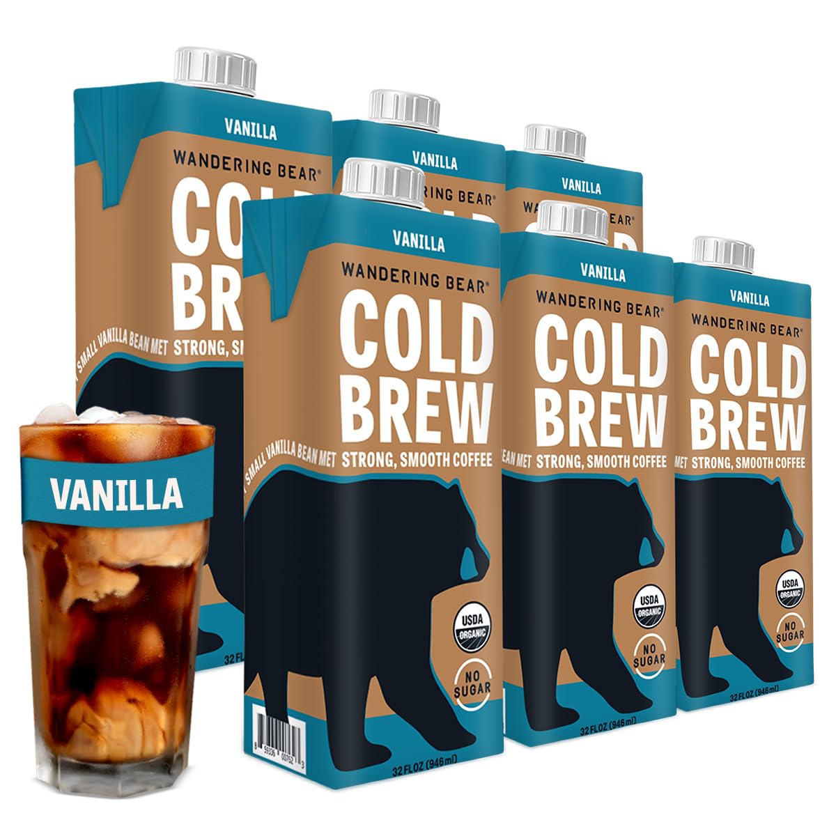 Wandering Bear Organic Vanilla Cold Brew Coffee  32 fl oz  6 pack - Extra Strong  Bold  Smooth  Unsweetened  Shelf-Stable  Ready to Drink  Gluten Free  & Vegan  Iced Cold Brewed Coffee Drinks