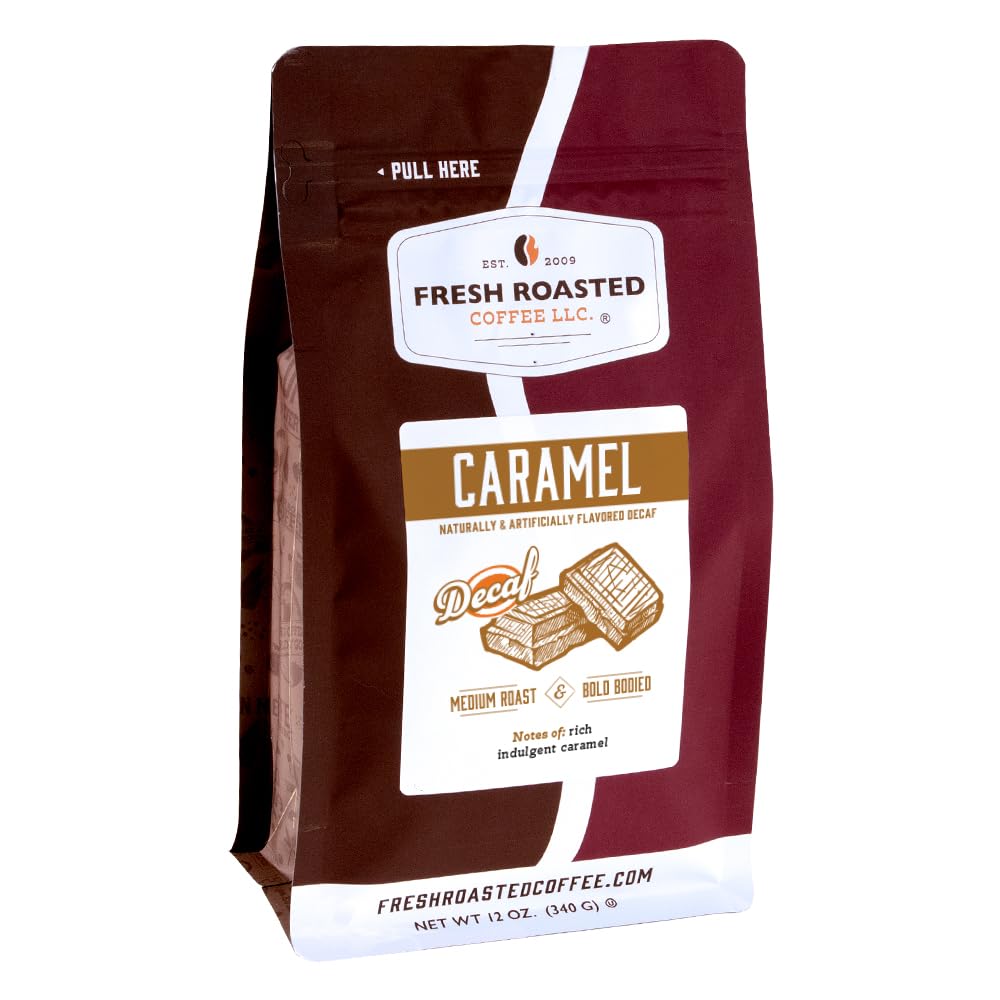 Fresh Roasted Coffee Decaf Caramel Flavored Whole Bean, Medium Roast, 12 oz, Kosher