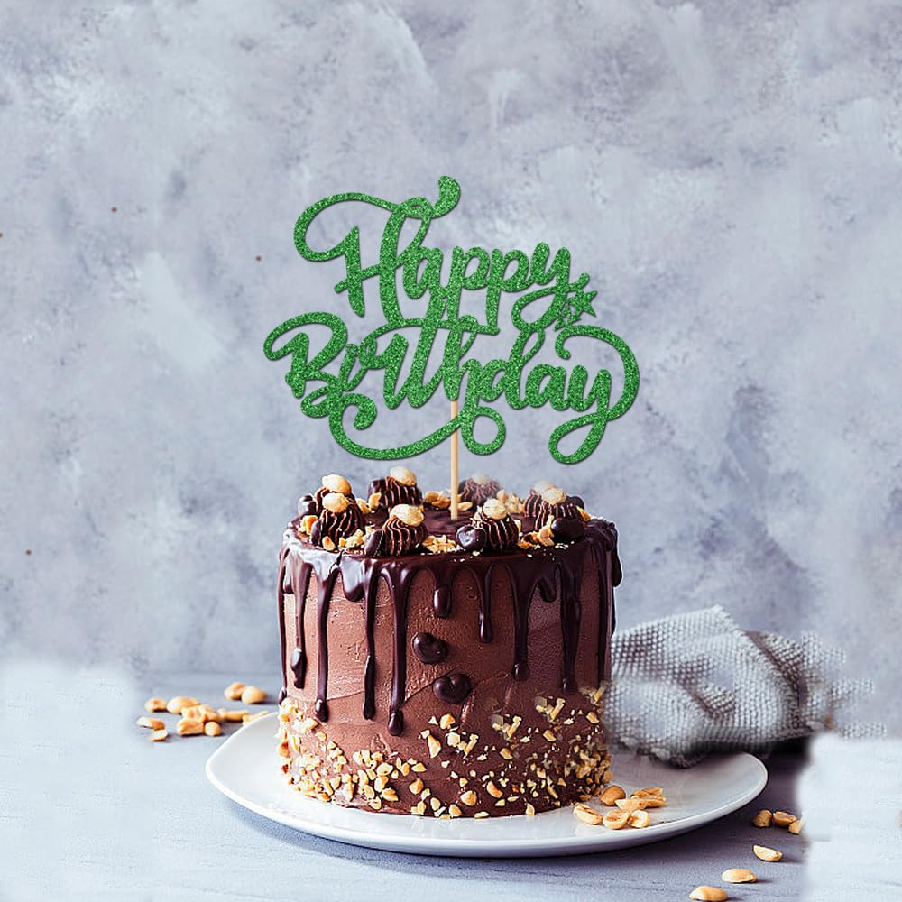 Crseniny Happy Birthday Cake Topper,Green Glitter Birthday Sign Cake Decorations,Anniversary Party/Birthday Party Decoration Sup