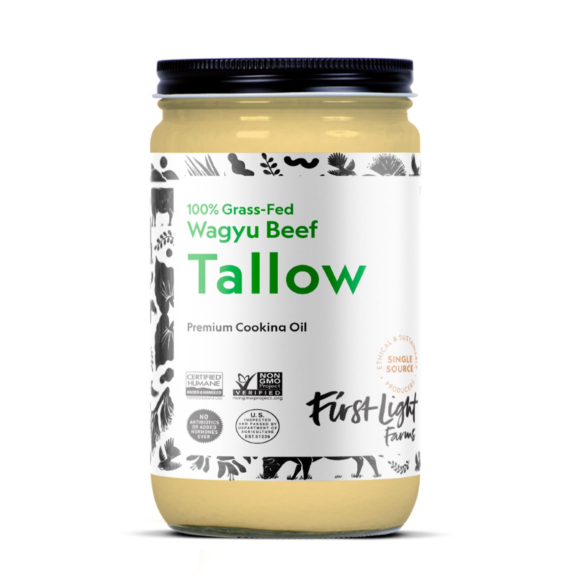 First Light Farms Wagyu Beef Tallow for Cooking | 100% Grass-Fed & Finished  14oz Glass Jar | Certified Humane | Gluten-Free & Dairy-Free  Perfect for Keto  Whole30  and Carnivore Diet