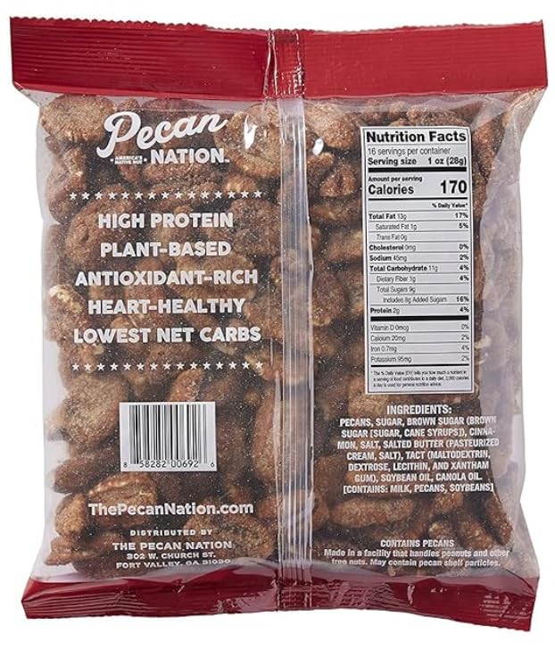 Pecan Nation Cinnamon Flavored Roasted Pecan Halves, 16 oz, Non-GMO, Natural, 2 Pack, Brown