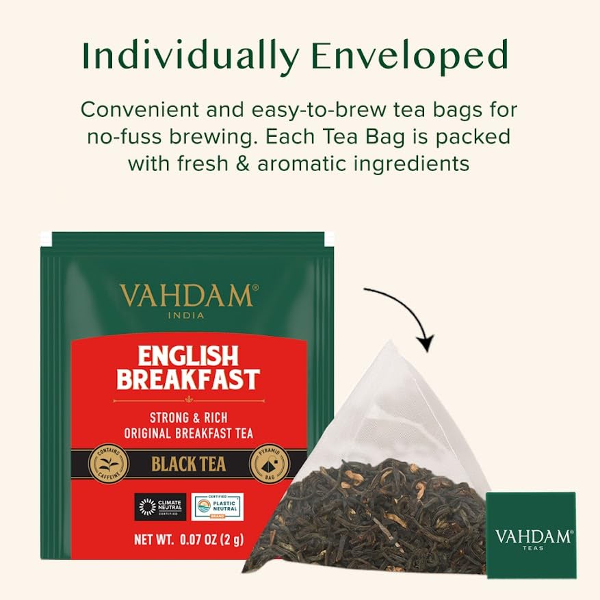 VAHDAM Organic English Breakfast Black Tea Bags, 30 Count, High Caffeine, Gluten Free, Individually Wrapped, Black