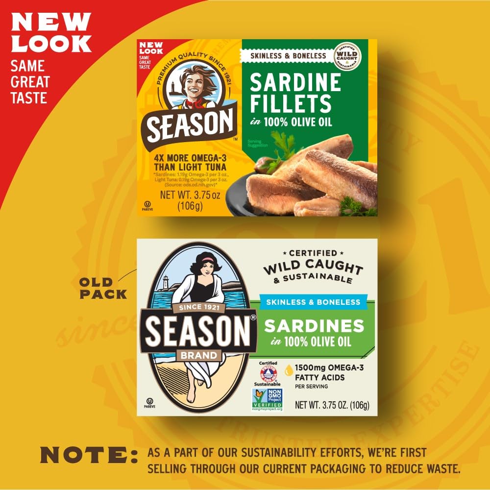 Season Sardines In Olive Oil - Skinless & Boneless, Wild Caught, 20G Of Protein, Keto Snacks, More Omega 3'S Than Tuna, Kosher, High In Calcium, Canned Sardines - 3.75 Oz Tins, 12-Pack