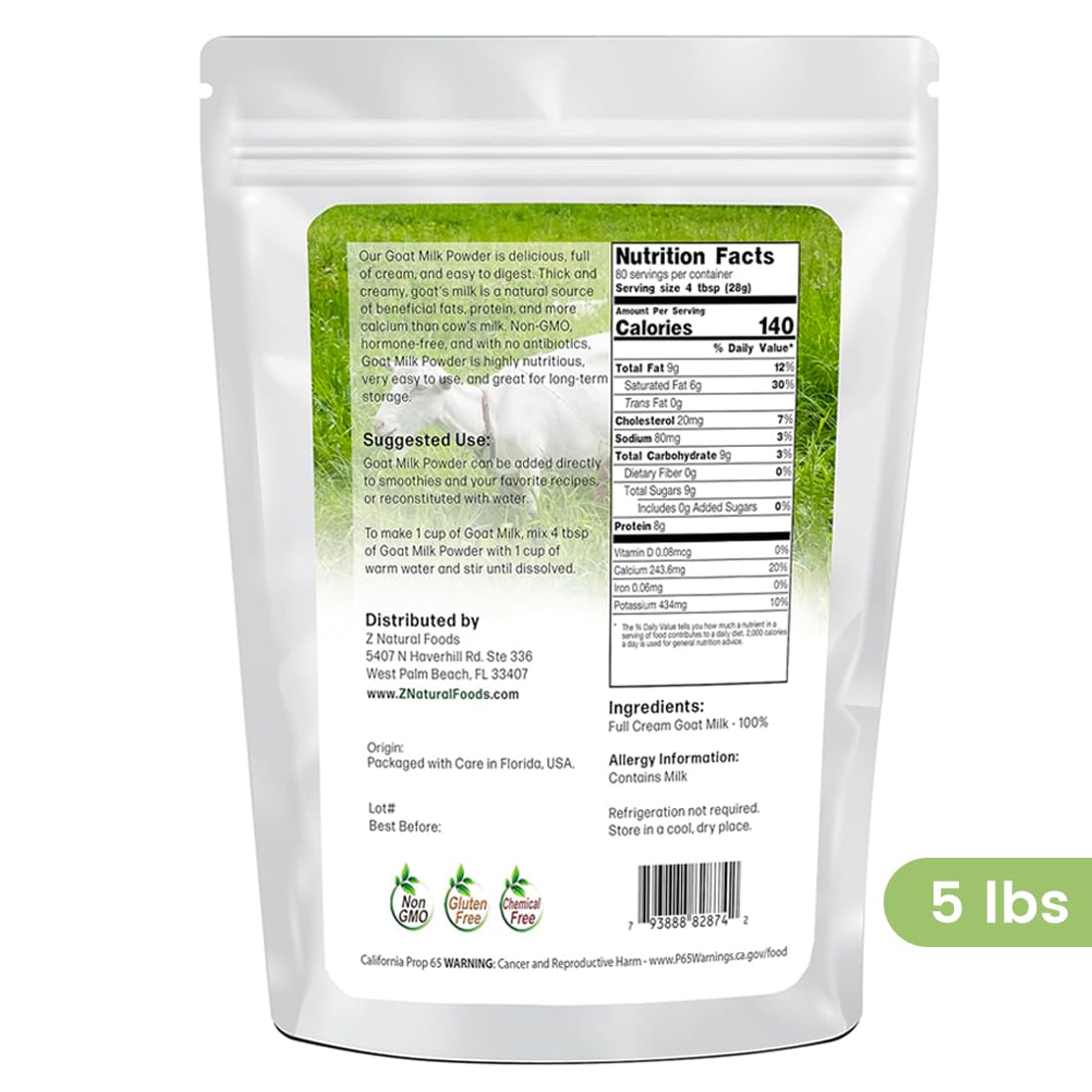 Z Natural Foods Goat Milk Powder - Full Cream, 80 oz, Easy Digestion, Ideal for Smoothies, Cooking, Baking, Model 1023705, White