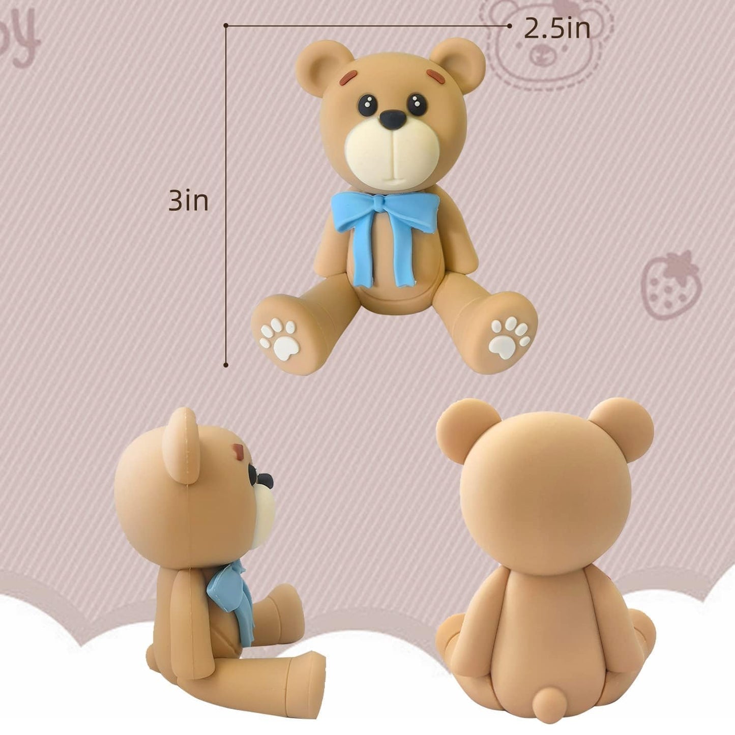 3D Bear Cake Toppers Bear Cake Decorations For Boy Girl Baby Shower Birthday Party Supplies (Bule)