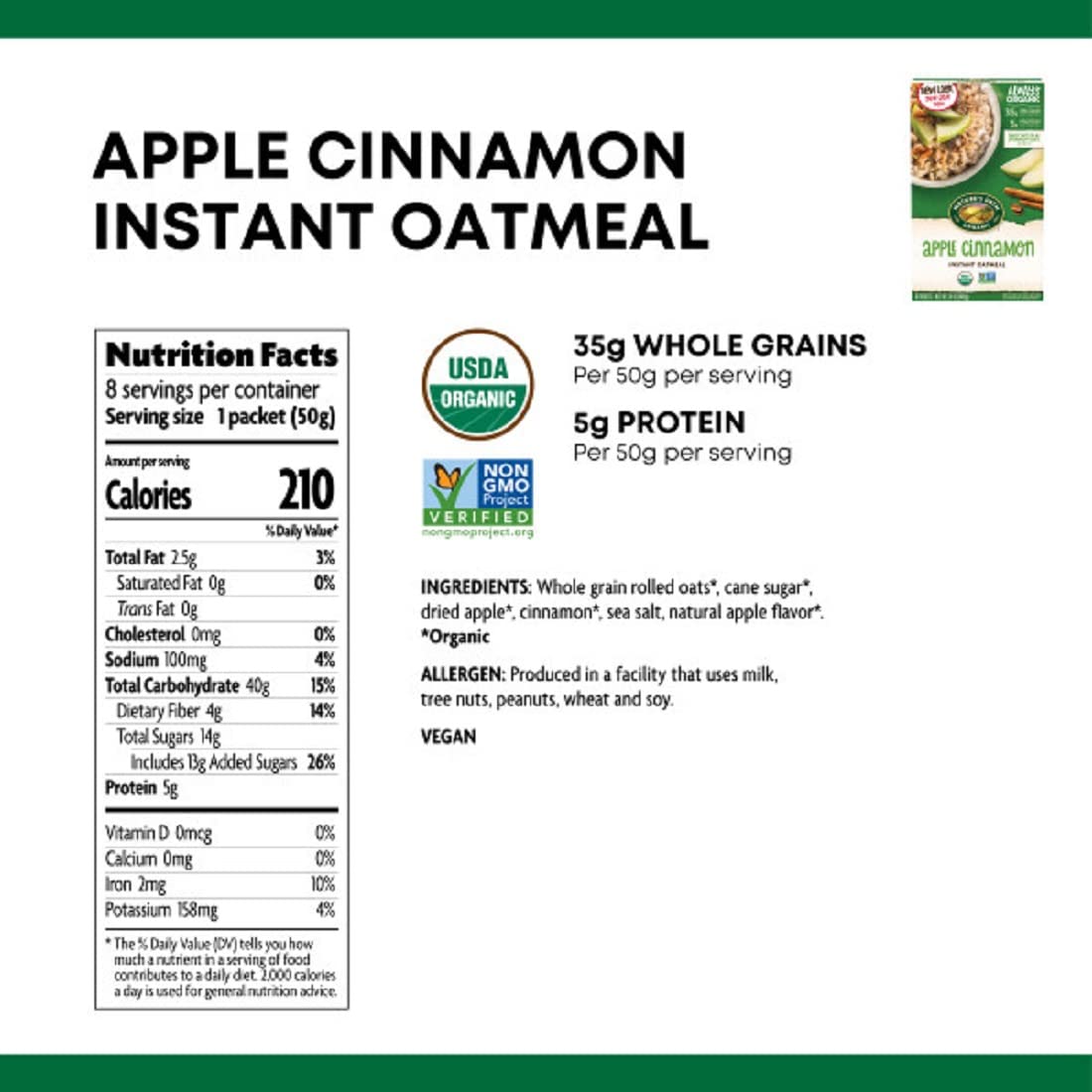 Nature'S Path Organic Instant Hot Oatmeal Apple Cinnamon -- 8 Packets