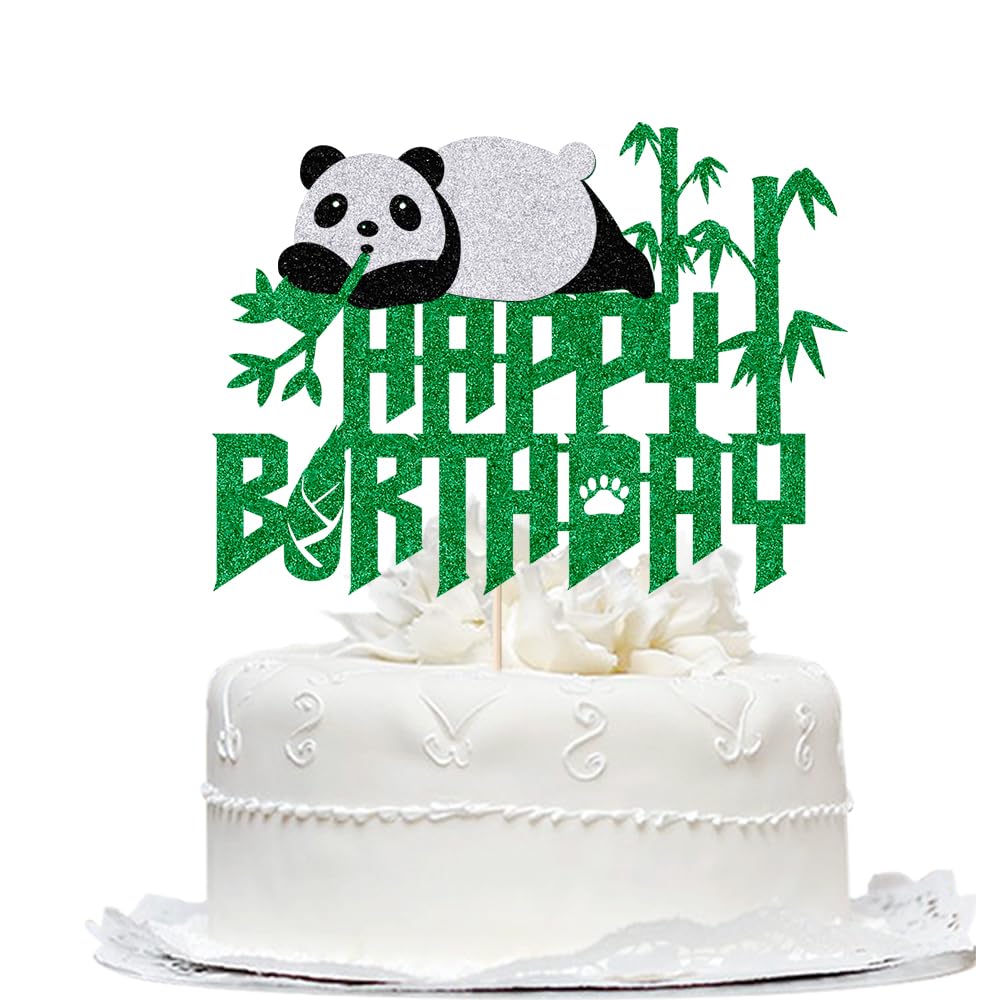 Panda Happy Birthday Cake Topper-Green Panda Bear Bamboo Birthday Cake Decoration,Jungle Animals Theme Party Decoration,Baby Sho