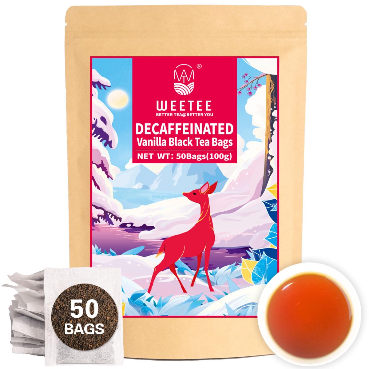 WT WEETEE Organic Decaf Black Tea with Vanilla Flavor, 50 Count Tea Bags