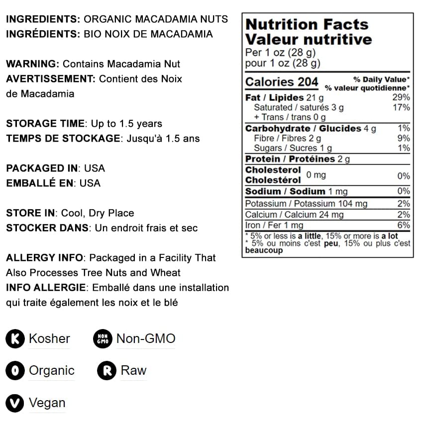 Food to Live Organic Whole Macadamia Nuts, 2 Pounds - Non-GMO, Raw, Shelled, Unsalted, Kosher, Vegan, Bulk. Keto Snack. Buttery