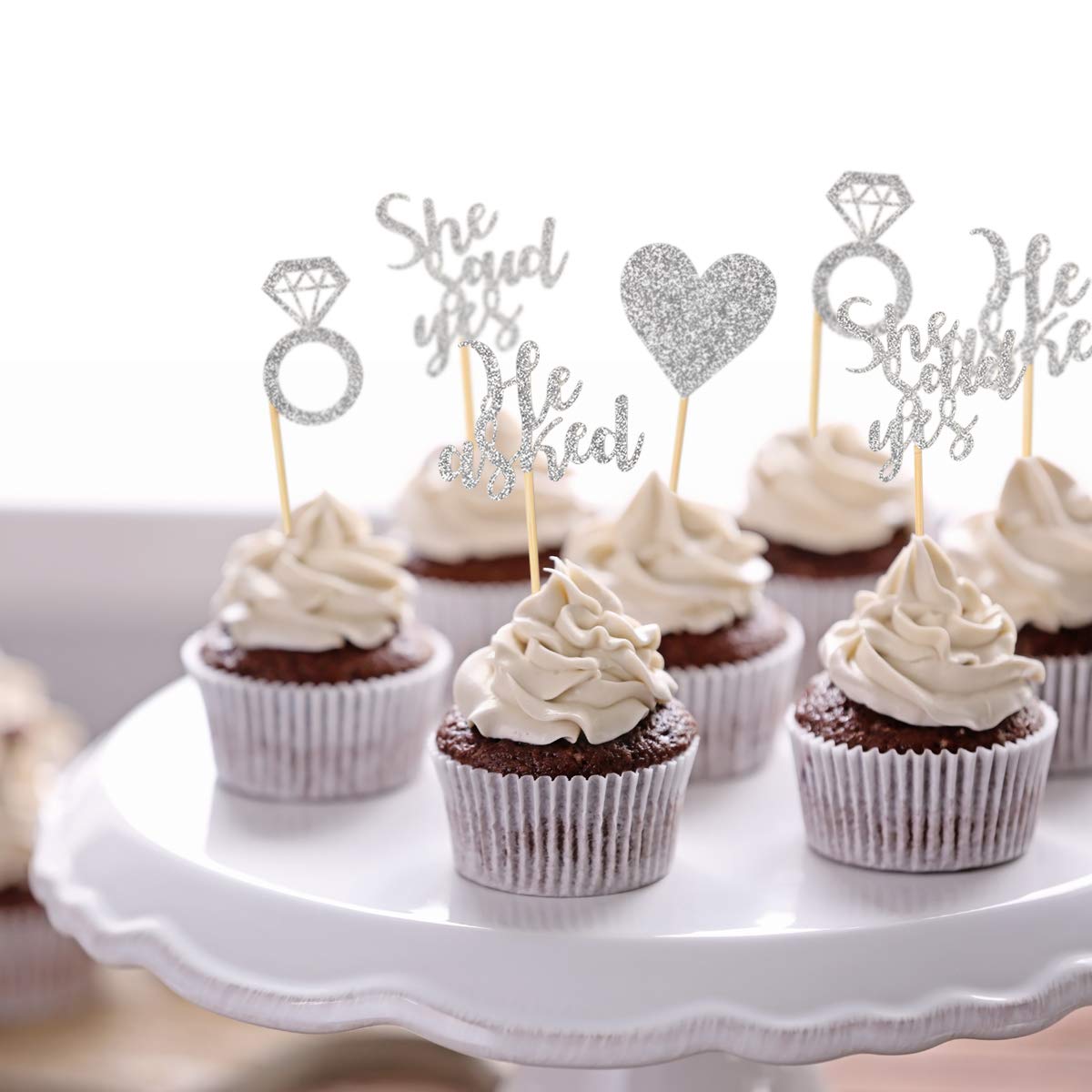 Donoter Cupcake Toppers, 48 Pcs Silver Diamond Ring Heart Cake Picks for Wedding Engagement Party Decorations