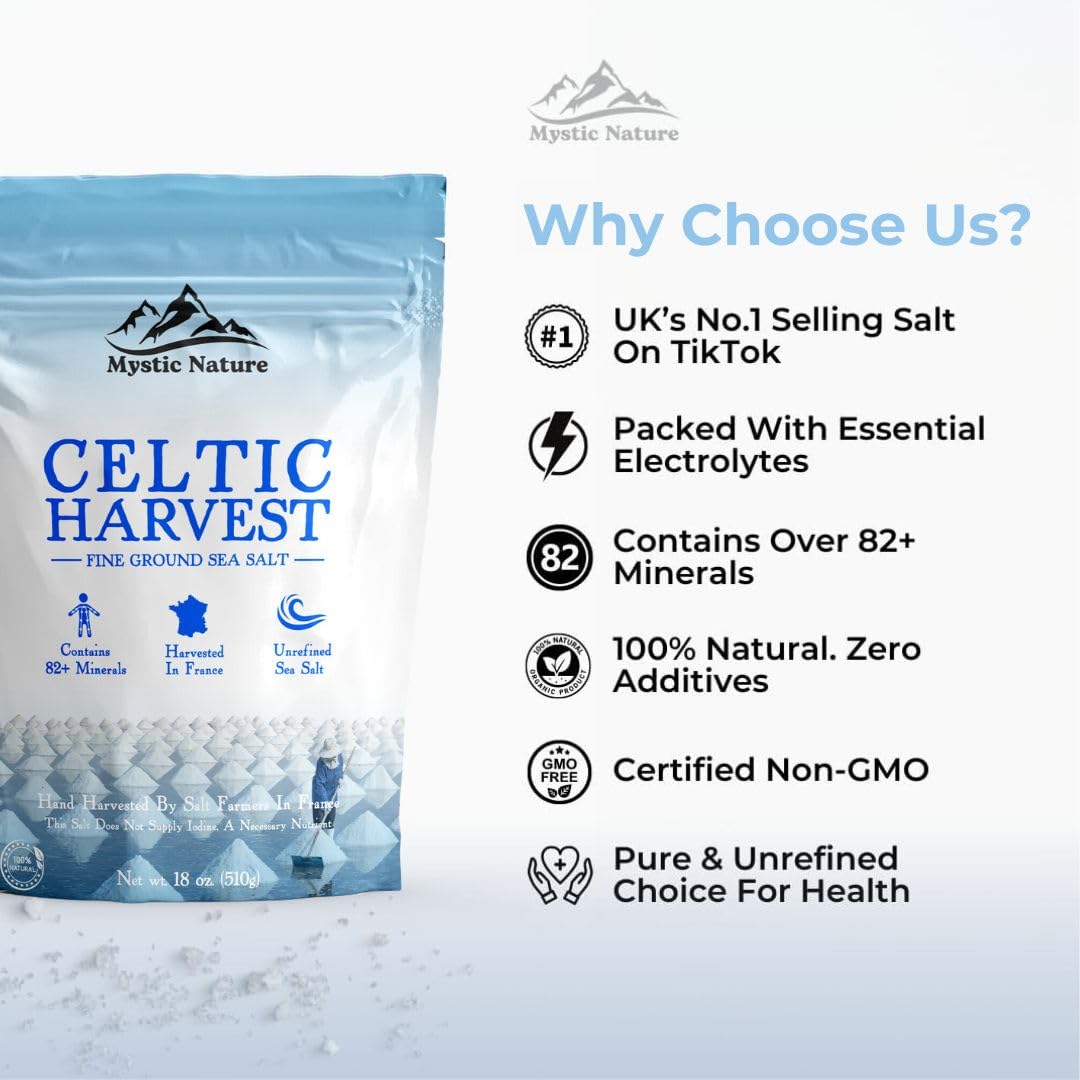Celtic Harvest Fine Ground Sea Salt - 1.1lb - 18oz | Rich in 82+ Essential Minerals | 100% Natural & Unrefined | Hand Harvested