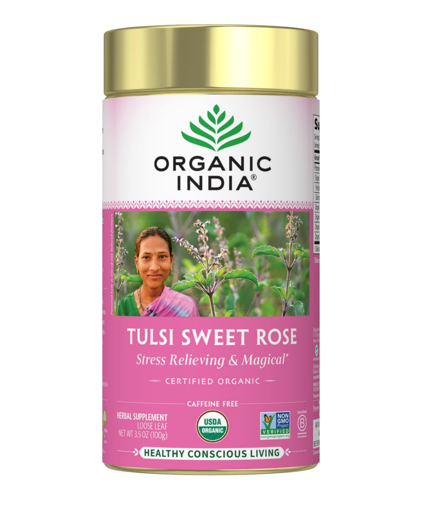 ORGANIC INDIA Tulsi Sweet Rose Herbal Tea - Caffeine-Free, Stress Relieving, Immune Support - 3.5 oz Canister - USDA Certified Organic