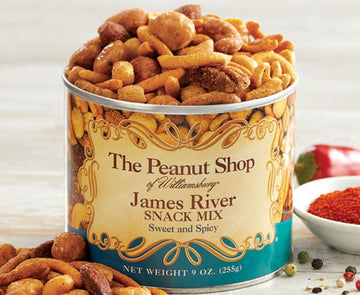 The Peanut Shop of Williamsburg James River Snack Mix, Williamsburg Peanuts, with Mixed Nuts and Sesame Corn Sticks - 9 Oz Tin