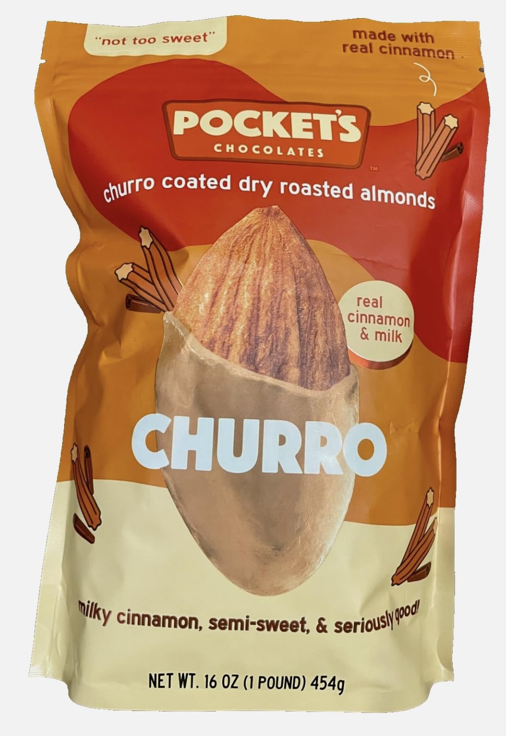 Pockets Chocolates Churro Coated Dry Roasted Almonds, 16 oz, Real Cinnamon, Large Size