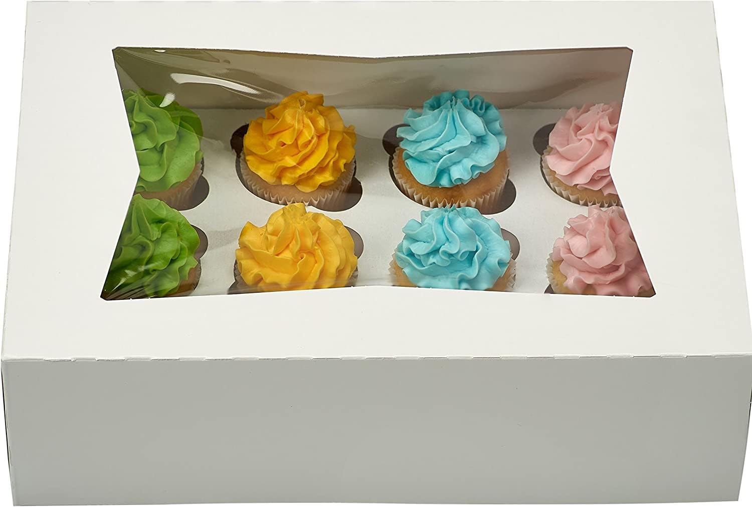 12 Pcs Window Cupcake Boxes [MADE IN USA] White Bakery Cupcake Boxes with Inserts- 14'' x 10'' x 4'' Fits 12 Standard Size Cupca