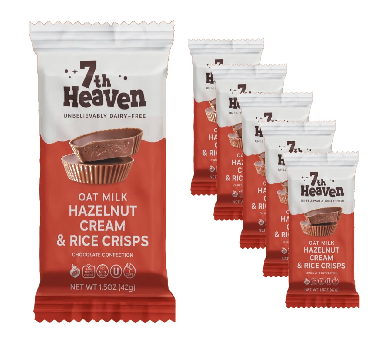 7Th Heaven  Vegan Oat Milk Chocolate Cups: Hazelnut Cream & Rice Crisps - (1.5 Oz - 6 Pack)  Healthy Chocolate  Perfect Valentines Gift For Your Loved Ones  100% Dairy Free  Non Gmo  Kosher Parve  Cruelty Free  Fair Trade Cocoa