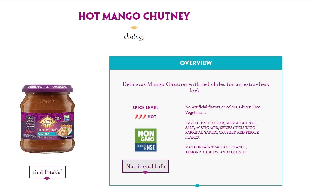 Patak's Chutney's Mix N Match Non GMO 12oz / Hot Mango Chutney, 1 Pack