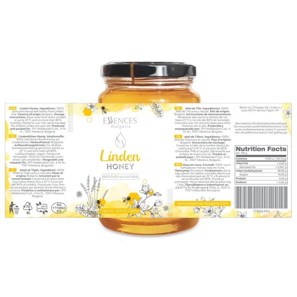Essences Bulgaria Raw Linden Honey, 100% Pure, Natural Sweetener, 15.9 OZ (450g), GMO-Free, Gluten-Free