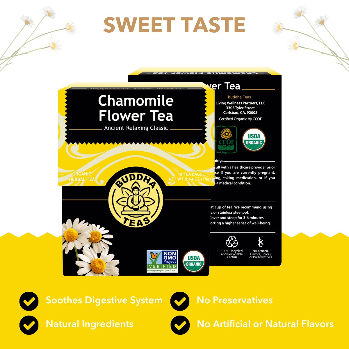 Buddha Teas Organic Chamomile Flower Tea - Caffeine Free - 18 Tea Bags - OU Kosher & Non-GMO - Herbal Tea for Health & Wellbeing