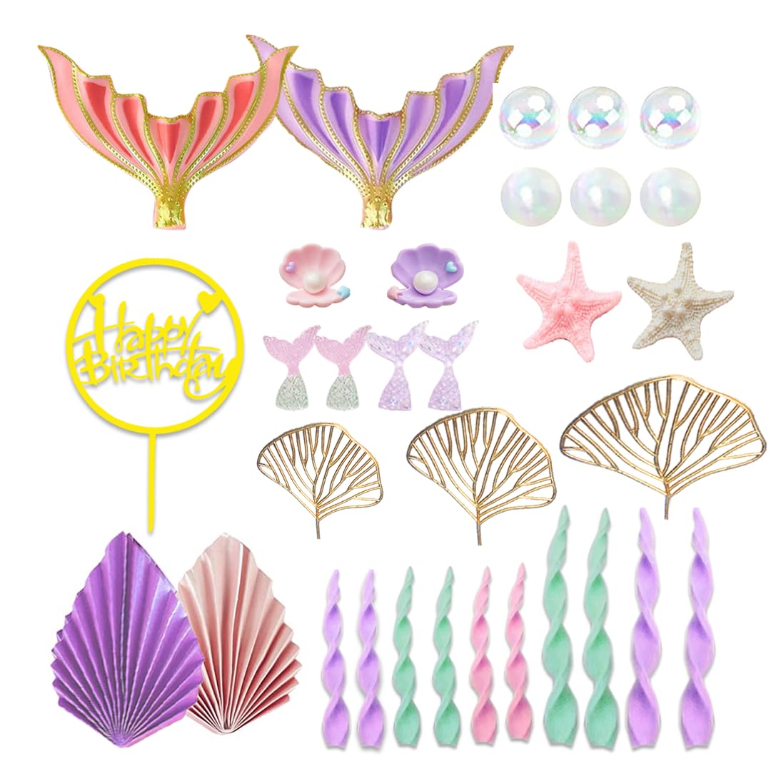 Mermaid Cake Topper Big Mermaid Tails Seaweed Bubbles Shells And Golden Ginkgo Leaves Cake Set For Mermaid Under The Sea Cake De