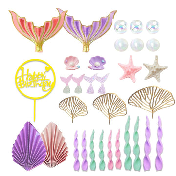 Mermaid Cake Topper Big Mermaid Tails Seaweed Bubbles Shells And Golden Ginkgo Leaves Cake Set For Mermaid Under The Sea Cake De