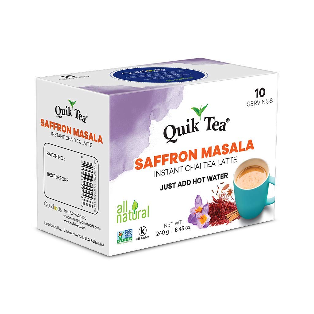 Quiktea Saffron Masala Chai Tea Latte - 10 Count Single Box - Non Gmo All Natural Wellness Comfort Tea (Regular)